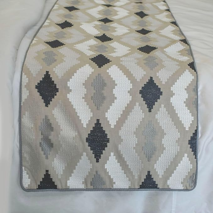 The HomeCentric King/Queen/Twin Beige Decorative Bed Runner CA King 86"x18" Bed Runner Without Pillow Cover, Embroidery,Aztec Bed Scarf on Linen Fabric - Thread Tale