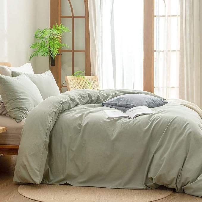 BESTOUCH Duvet Cover Set 100% Washed Cotton Linen Feel Super Soft Comfortable Chic Lightweight 3 PCs Home Bedding Set Solid Sage Green Full/Double