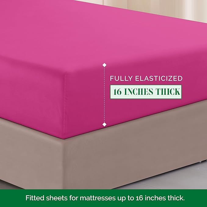 Elegant Comfort Luxurious 1500 Premium Hotel Quality Microfiber Three Line Embroidered Softest 4-Piece Bed Sheet Set, Wrinkle and Fade Resistant, Queen, Hot Pink