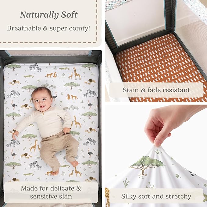 Pack and Play Sheets Fitted, Mini Crib Sheets for Graco Pack N Play Playard (38x26), Ultra Soft Organic Cotton Blend, Safe & Snug Playpen Mattress Sheet for Baby Boys & Girls, Safari Adventure, 2-Pack