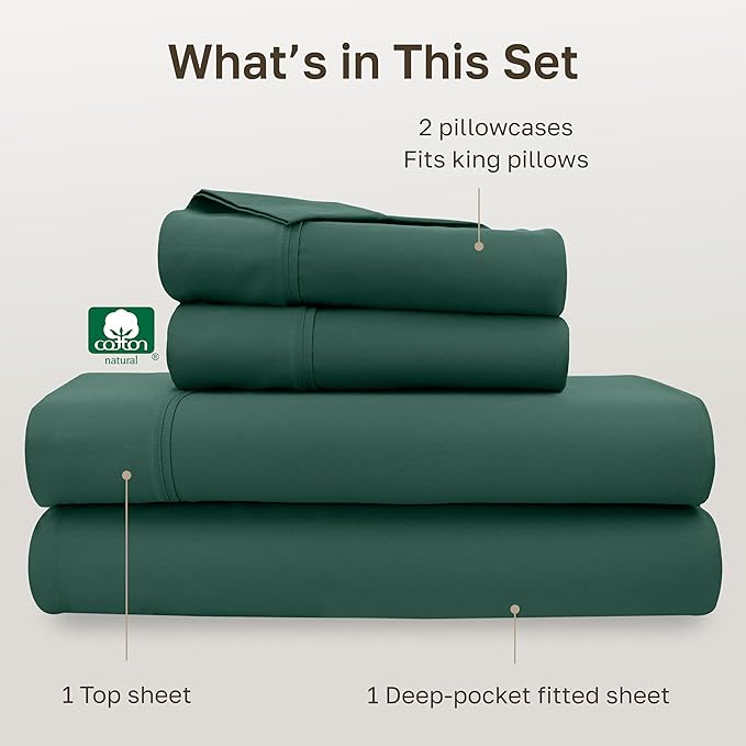 California Design Den Soft 400 Thread Count, Natural 100% Cotton Sheets Sateen, King Bed Sheets Set, Deep Pockets with All Around Elastic for a Snug Fit, Durable Bedding Set - Hunter Green