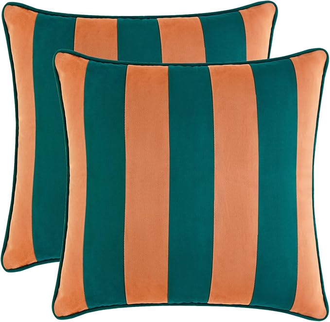 MONDAY MOOSE Decorative Throw Pillow Covers Cushion Cases, Set of 2 Soft Velvet Striped Piping Edge Designs, Pillow Inserts Not Included (16x16 inch, Coral/Dark Teal)