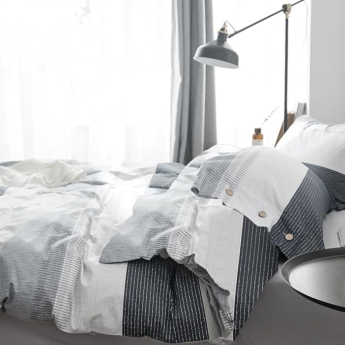 LifeTB Striped Comforter Set Queen Size, Blue Grey Stripes Pattern Printed Bedding Set, 3 Pieces Lightweight Bedding Comforter Set, Stripe Soft Fluffy Bed Set Queen Comforter with 2 Pillowcases