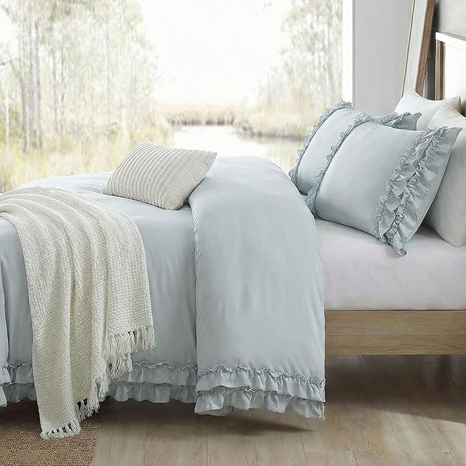 Bedrom Ruffled King Duvet Cover Set Blue Grey Bedding Set Shabby Chic Light Gray Boho Bedding Super Soft Lightweight Farmhouse Ruffle Duvet Cover Set for All Season