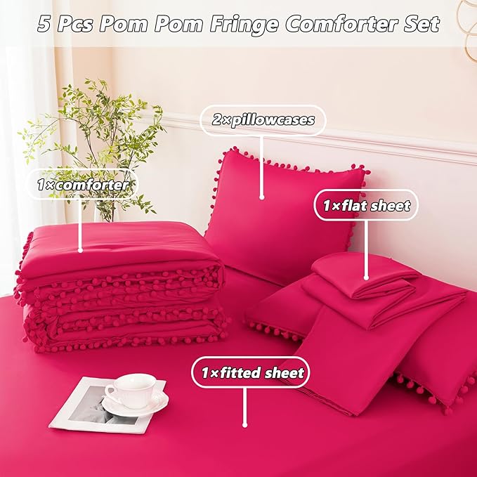 PERFEMET 5-Piece Hot Pink Comforter Sets Twin Size Pom Pom Girls Bedding Set with Sheets Soft Aesthetic Boho Bed in a Bag Solid Bedding Comforter for All Season(Hot Pink, Twin)