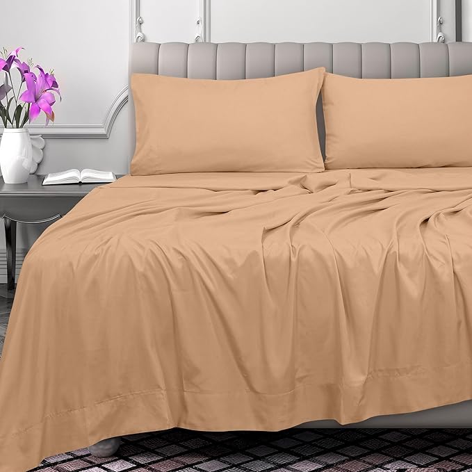 Royale Linens 300 Thread Count 100% Long Staple Combed Cotton Flat Sheet - Super Soft - Top Sheets - California King Flat Sheet Sold Separately - Breathable, Cool & Crisp Sheets Only (Cal King, Sand)
