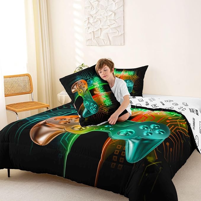 Feelyou Gamer Comforter Kids Gaming Video Game Comforter Set for Boys Teens Noverlty Modern Gamepad Bedding Set Breathable Gamer Console Bedding Duvet Set Bright Orange Green Room Decor Twin Size