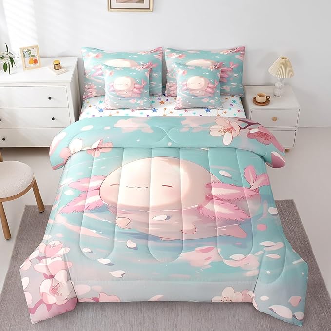 Feelyou Kids Cute Axolotl Comforter Set with Sheets Queen Size, Cartoon Salamander 7 Pieces Bedding Set Boys Girls Kawaii Ocean Sealife Bed in A Bag Cherry Blossoms Teens Bed Set Bedroom Decor 7Pcs