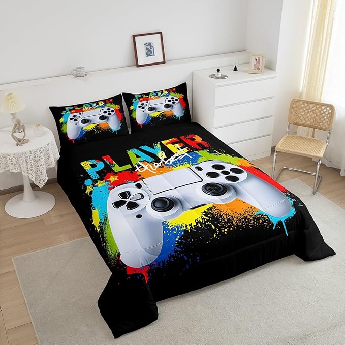 Gamer Comforter Sets for Boys Kids Gaming Comforter Twin Size Teens Girls Colorful Rainbow Tie Dye Decor Video Games Controller Bedding Set Young Men Player Reversible Quilt Set for All Season 2Pcs