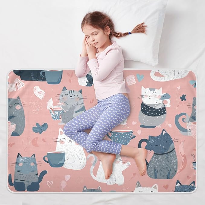 Waterproof Bed Pad Reusable Changing Pad Toddler Mattress Protector Large Pee Pad Baby Diaper Pad Soft Washable Liner Pink Cat and Coffee