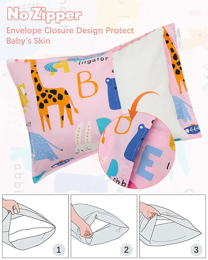 ALVABABY Toddler Pillowcases 2 Pack Organic Cotton Kids Pillow Cover Fit 13"x 18" or 12"x24" Envelope for Girl Boy Sleepy Travel