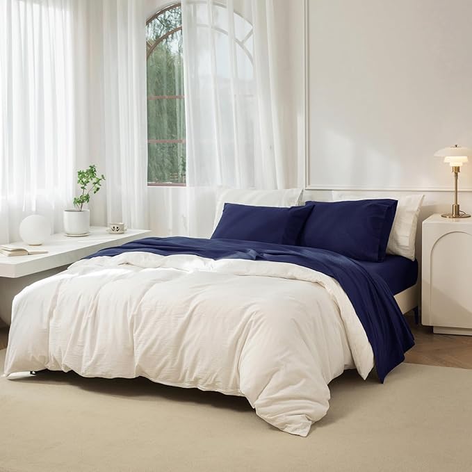 JIYUAN 100% Washed Cotton Sheet Set 4 Pieces King,1 Fitted Sheet,1 Flat Sheet and 2 Pillowcases,Comfy and Breathable Linen Like Bedding Set,Navy Blue