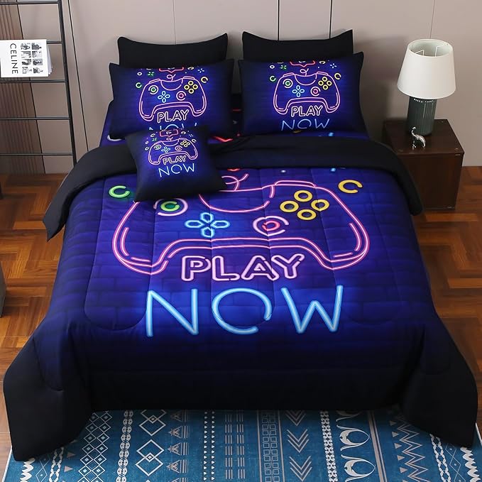 JQinHome Twin Gamer Comforter Set 6 Piece Bed in A Bag for Boys,3D Neon Light Up Design for Classic Console -All Season Soft Microfiber Down Alternative Comforter Gamer Bedding Sets for Kids (Purple)