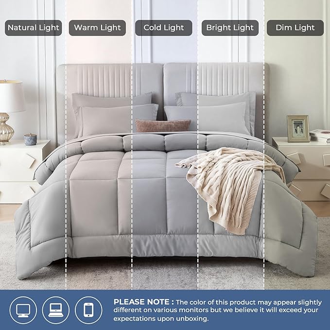 Sasttie King Size Comforter Set, 7 Pieces Bed in a Bag King, Complete Bedding Set Includes Comforter, Flat Sheet, Fitted Sheet, Pillowcases and Pillow Shams, Light Grey