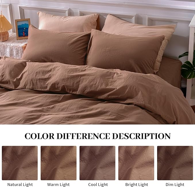 NEXHOME PRO Duvet Cover Set 100% Washed Cotton Oversized Queen 98"x98", Organic Natural Linen Look Textured 3 Pieces Bedding Set Mocha with Zipper Closure, Soft (No Comforter)