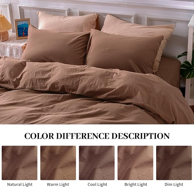 NEXHOME PRO Duvet Cover Set 100% Washed Cotton California King 104"x98", Organic Natural Linen Look Textured 3 Pieces Bedding Set Mocha Brown with Zipper Closure,Soft(No Comforter)