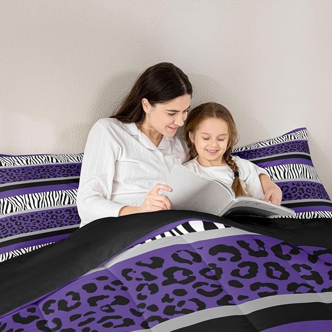 Feelyou Leopard Print Comforter Set Zebra Stripes Bedding Set for Kids Boys Girls Teens Purple Black White Zebra Leopard Fur Comforter Safari Animal Hair Duvet Set Room Decor Quilt King Size Boys