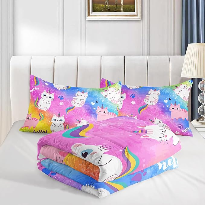 Axolotl Cat Bedding Comforter Set King,Cartoon Cat Bedding,Rainbow Gradient Printed Kids Bedding Set for Girls Adults Teens,Cute Kids Comforter All Season,1 Quilt 2 Pillow Cases,Colorful Pink Blue