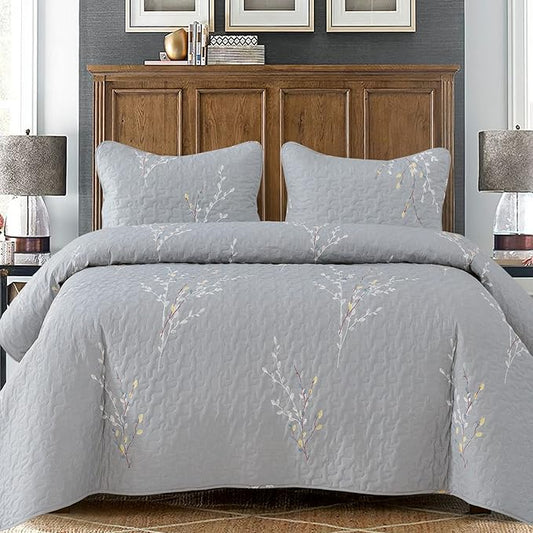 Exclusivo Mezcla Reversible Boho Quilts King Size, Grey Bedspreads Lightweight Coverlet All Season Flowers Quilt Bedding Set with Printed Floral Pattern (1 Quilt, 2 Pillow Shams)