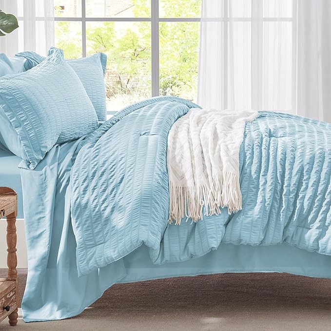 Zzlpp Queen Comforter Set 7 Pieces, Light Blue Seersucker Bed in a Bag with Comforter, Pillow Shams, Pillowcases, Flat Sheet, Fitted Sheet