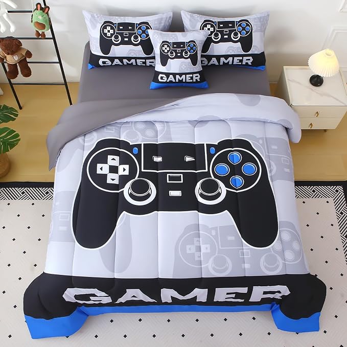JQinHome Queen Gamer Comforter Sets for Boys,6 Piece Bed in A Bag 3D Video Gamer Bedding -All Season Microfiber Gaming Bedding Set for Kids, with Sheet Sets (Cyber Blue)
