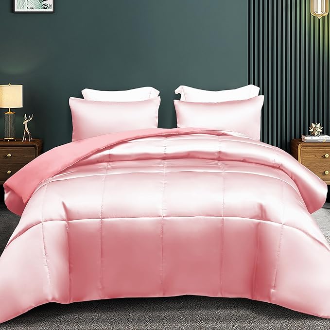 Whale Flotilla 2-Piece Reversible Silky Soft Twin Size Comforter Bedding Set, Luxurious Satin Comforters with Satin Pillowcase, Lightweight Duvet for All Seasons, Pink