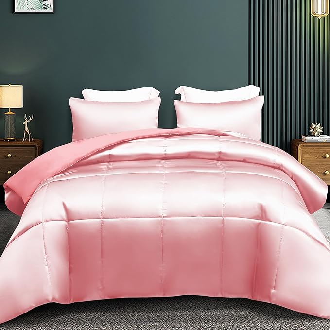 Whale Flotilla 3-Piece Reversible Silky Soft King Size Comforter Bedding Set, Luxurious Satin Comforters Oversized with 2 Satin Pillowcases, Lightweight Duvet for All Seasons, Pink