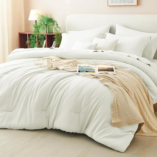 CozyLux Full Size Comforter Set Ivory, 7 Pieces Bed in a Bag Full Comforter Set with Sheets, Soft Bedding Set with Down Alternative Comforter, Fitted Sheets, Flat Sheets, Pillow Shams and Pillowcases