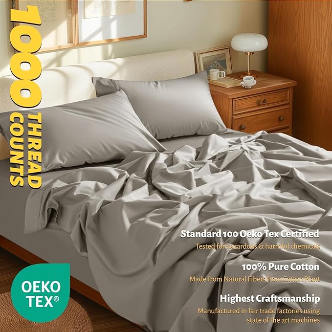 Shilucheng 100% Egyptian Cotton Sheets Set - 1000 Thread Count，Luxury Cotton Bed Sheets，Breathable & Cooling Bedding and Pillow Cases, 16 Inch Deep Pocket - 4 Piece (California King, Taupe)