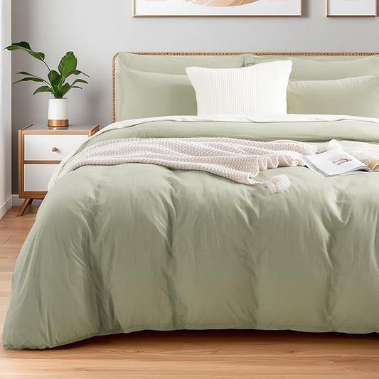 NEXHOME PRO King Duvet Cover Set – 100% Certified Organic Cotton with Washed Feel & Linen-Like Texture, Comfortable & Breathable, Home Bedding Set Sage Green (No Comforter)