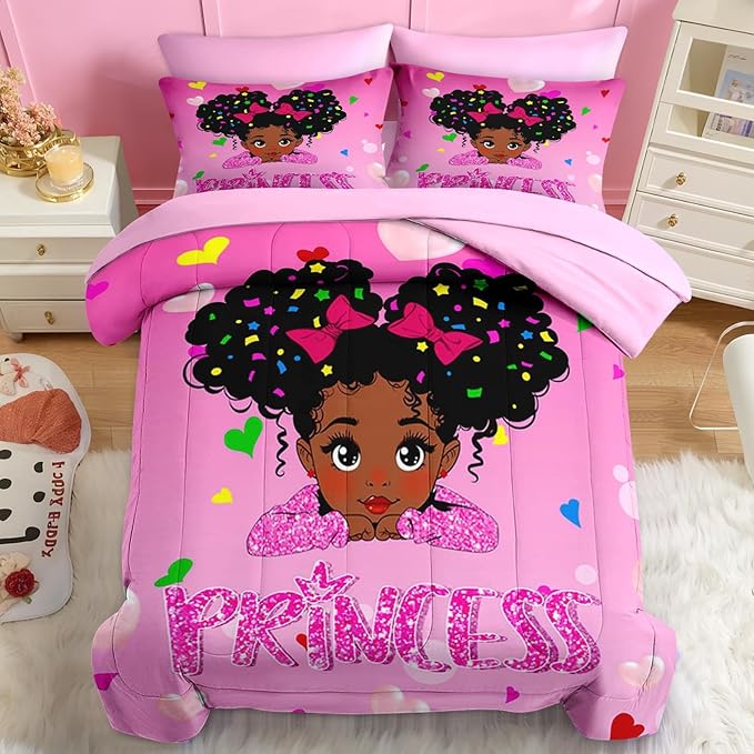 Nesker 7 Pcs Comforter Set Full Size, Pink Princess Bedding for Kids Teen, Cute Fairy Fantasy Girl with Fitted Sheet 2 Pillowcases & 2 Shams for Bedroom Bed Decor