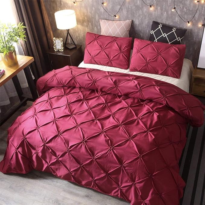 Feelyou Pinch Pleated Duvet Cover with Zipper Closure Pintuck Comforter Cover Set Twin Size Luxurious Pintuck Tufted Bedding Set Solid Red Microfiber Bedspread Cover with 1 Pillow Shams Soft