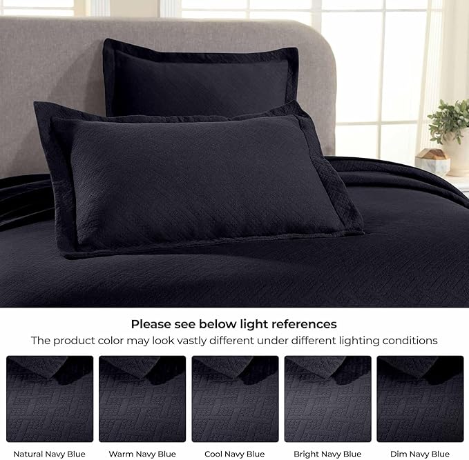 Superior 2 Piece Basketweave Cotton Bedspread Set, Home Bed Decor, Decorative Bed Spread, 1 Pillow Sham, Medium Weight Blanket, Matelasse Coverlet Bedding, Geometric Lattice Pattern, Twin, Navy Blue