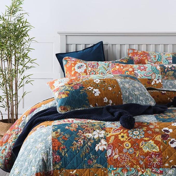 Autumn Dream Cotton Bedspread Quilt Sets Reversible Bedding Coverlet Sets Comforter, Vintage Floral Patchwork Red Blue Bedspread, King Size (Yellow Grey Floral Patchwork, King (96 by108 Inch)) | Breathable material, Reversible, Jacquard stitching, Soft...
