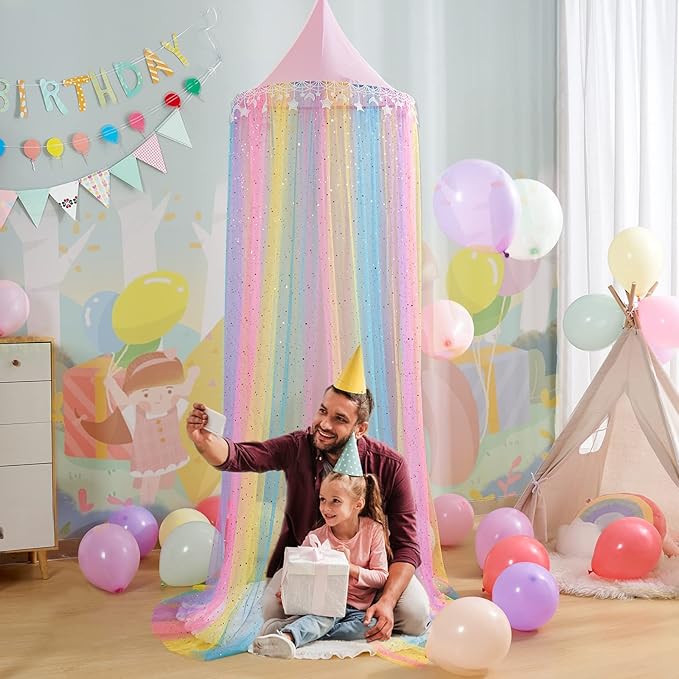 Rainbow Bed Canopy for Girls,Shiny Kids Princess Round Dome Bed Curtain with Star Moon Glitter,Kids Crib Canopy Play Tent Canopy Dreamy Bed Netting