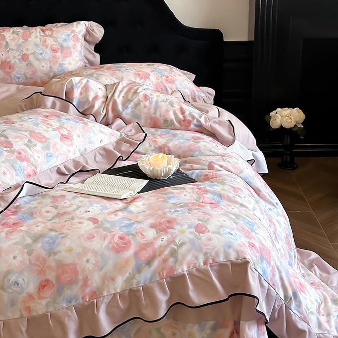 HighBuy Girl Ruffle Duvet Cover Set Twin XL Pink Lace Floral Ruffle Design,Vintage Brushed Cotton Ruffled Bedding Set French Breathable Farmhouse Bedding - 1 Twin XL Duvet Cover 2 Pillowcases