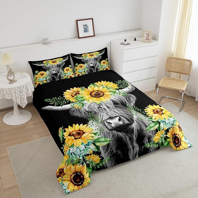 Feelyou Highland Cow Bedding Set Kids Sunflower Floral Western Cow Bull Comforter Set for Girls Teens Farmhouse Wildlife Animal Comforter Black Duvet Set Room Decor Quilt Set Twin Size