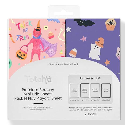 Halloween Mini Crib Sheets Fits Standard Size 39" X 27" Playpen Mattress, Premium Soft Pink Pumpkin Pack and Play Sheets Fitted Neutral, 2-Pack Playard Sheets, Boo, Trick or Treat