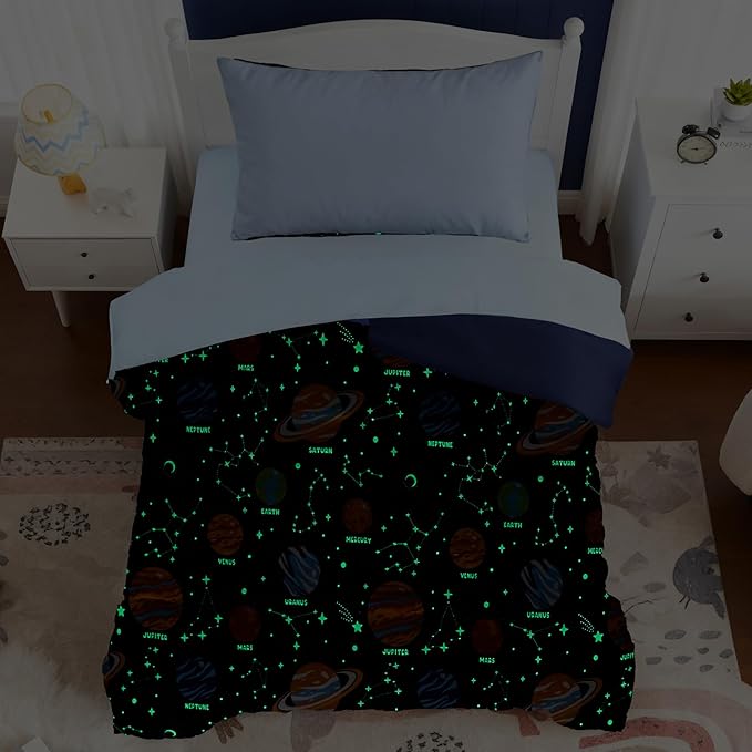 Toddler Bedding Set - 4 Pieces Toddler Comforter Set for Kids Boys,Glow in The Dark Space Bed in A Bag with Sheets