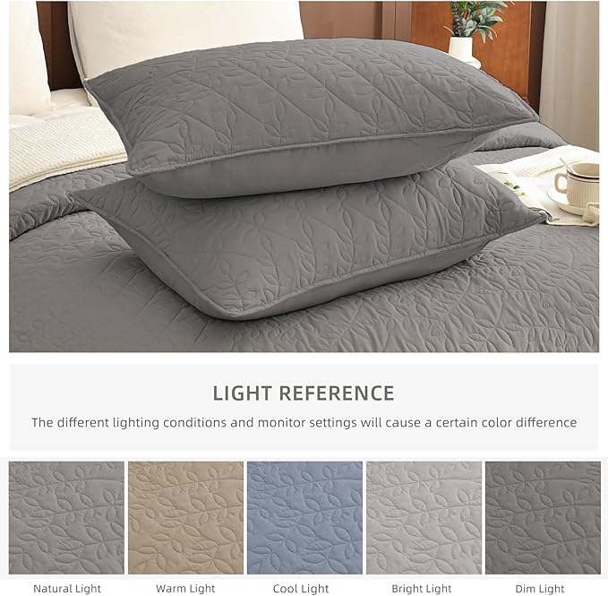 Lady Ann Gray Oversized King Bedspread 120x120, 3Pcs Extra Large Farmhouse Lightweight King Quilt Bedding Set Gray Soft Quilted Leaves Pattern Printed Bedspreads for All Season