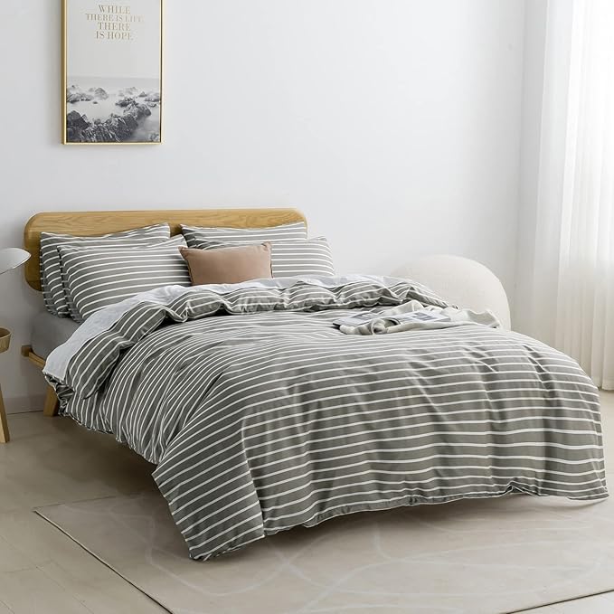JELLYMONI Twin Duvet Cover Set, Cotton Duvet Cover 2 Pieces with Zipper Closure, 1 Duvet Cover and 1 Pillowcase(Gray with White Striped)