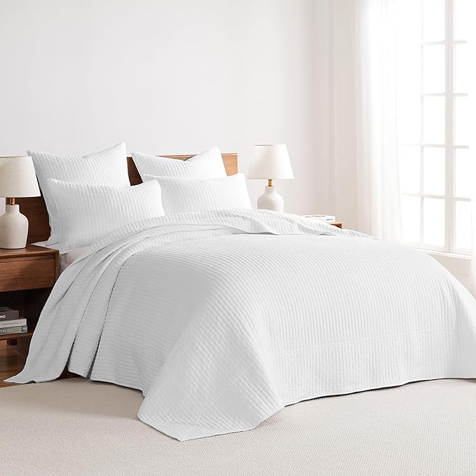 Levtex Home Cross Stitch Reversible King Bedspread Set (120x104in) with 2 Pillow Shams (36x20in) - Stitch Texture - Bright White - Cotton King Size Bedspread Set - Soft, Pre-Washed