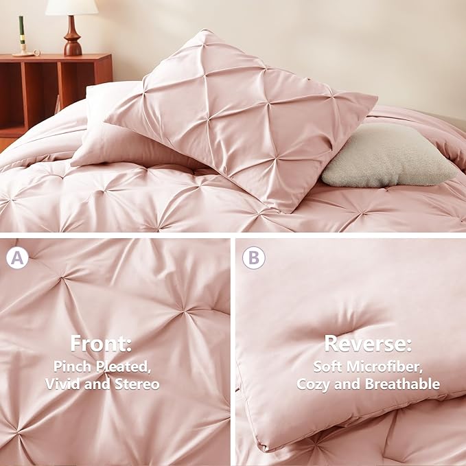 CozyLux Oversized King Comforter Sets Blush Pink, 7 Pieces Oversized King Pintuck Bed in A Bag, Pinch Pleat Bedding Sets with All Season Comforter, Flat Sheet, Fitted Sheet, Pillowcases & Shams