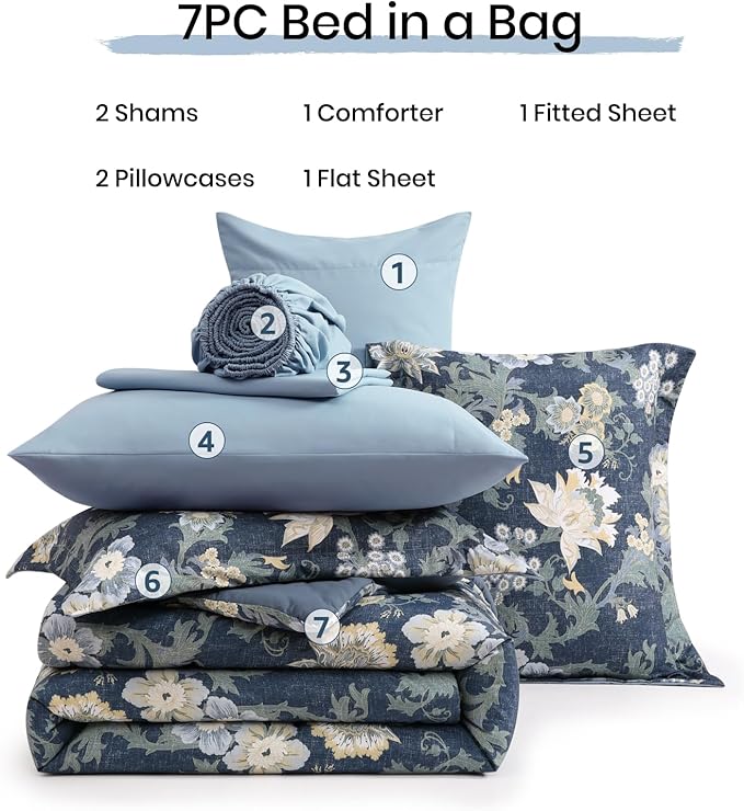 Full Comforter Set -7 Pieces Floral Antique Blue Comforter Set for All Seasons, Bed in a Bag Full with Botanical Flowers Comforter, Sheets, Pillowcases & Shams
