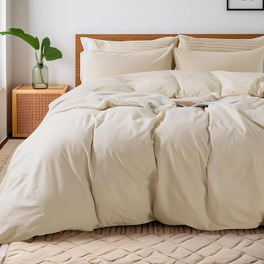 NEXHOME PRO 100% Washed Cotton Duvet Cover Super King 108"x98" Linen Look Textured Organic Natural 3 Pieces Bedding Set with Zipper Closure, Breathable (No Comforter)