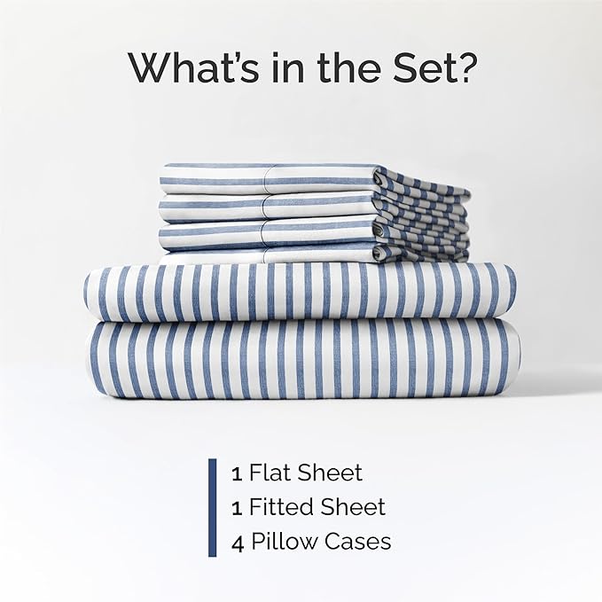 King 6 Piece Sheet Set - Comfy Breathable & Cooling - Soft Hotel Luxury Bedding Set with 8-16 Inch Deep Pockets - 1 Flat & 1 Fitted Sheet & 4 Pillowcases - Wrinkle Free & Easy Care - Blue Stripes 2