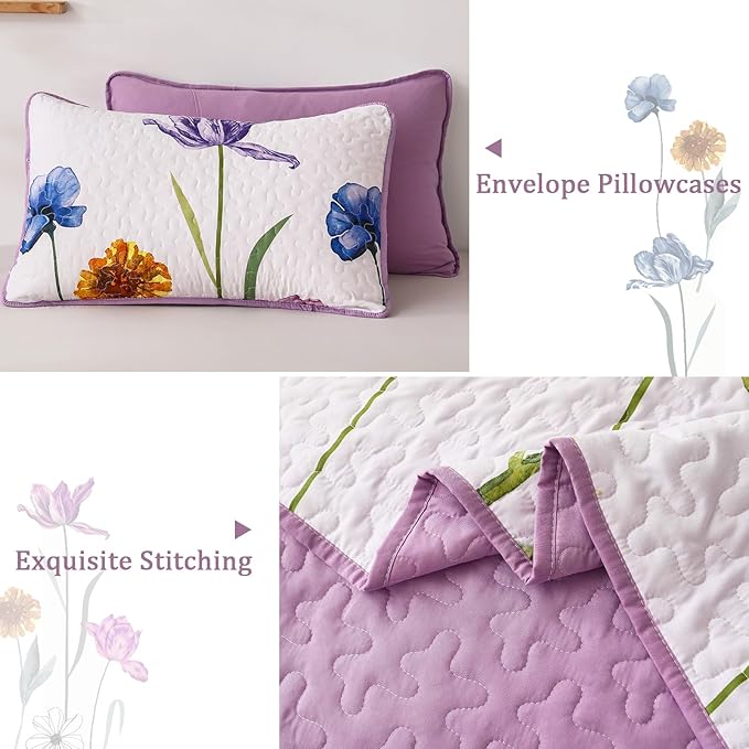 WONGS BEDDING Purple Quilt Set Queen Size,Floral Printed Bedspread Coverlet Bedding Set,3 Pieces Lightweight Farmhouse Spring Botanical Quilts Set (96"x90")