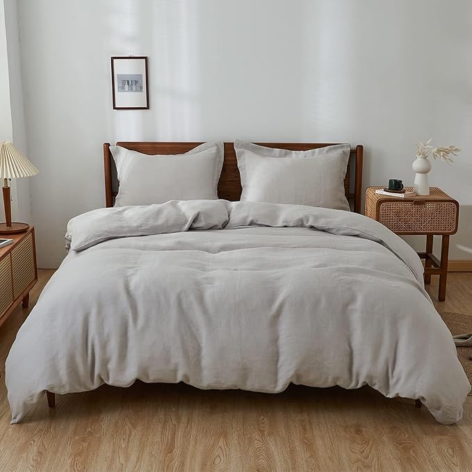 Simple&Opulence 100% Linen Duvet Cover Set, 3 PCS Natural French Flax Light Grey Duvet Cover Queen Size, Breathable Soft Comfy Linen Bedding Comforter Cover with 2 Pillowcases(Light Grey, 88" x 92")