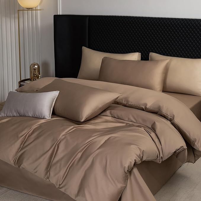 MooMee Duvet Cover Set 100% Extra Long Staple Cotton 600 Thread Count Silky Sateen Smooth Luxury Soft Breathable Durable Hotel Quality Bedding, 3 Pieces (Brown, King 104"x90")
