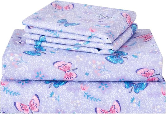 Kids Sheet Set Full Size, Girls Full Sheet Set with Floral Purple Butterfly Pattern, Breathable Silky Soft Microfiber Kids Fitted Sheet